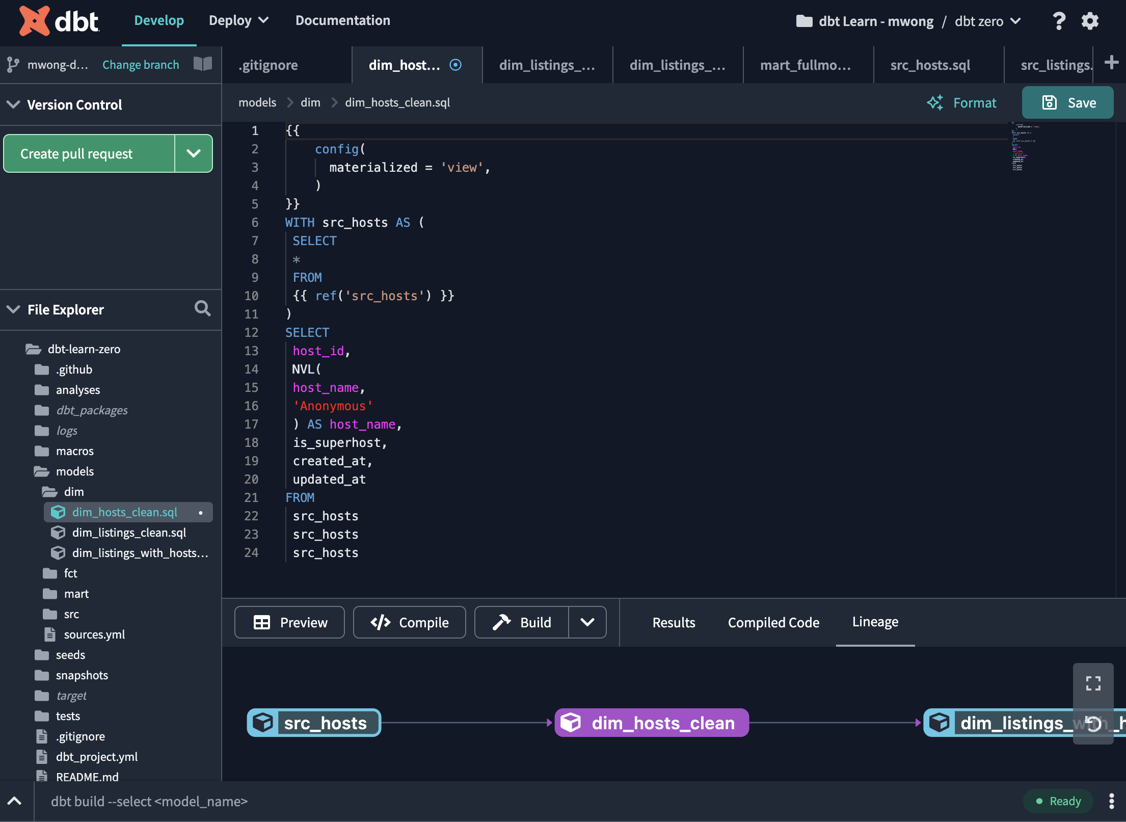 The dbt Cloud IDE in dark mode